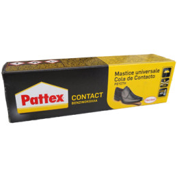 Cola de Contacto Pattex, equada para borracha, couro, madeira, tecidos, louça, cortinas e metais.