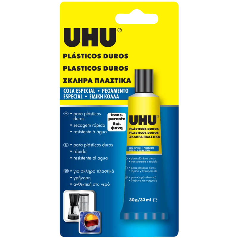 Cola UHU especial transparente para colagem de materiais plásticos rígidos.