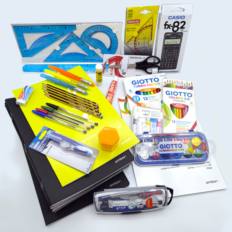 KIT ESCOLAR - 3º CICLO, Material Escolar, Caderno, Canetas, Maped, Ambar, Capa Preta, Lápis, Aguarelas, Caneta BIC, UHU, Giotto