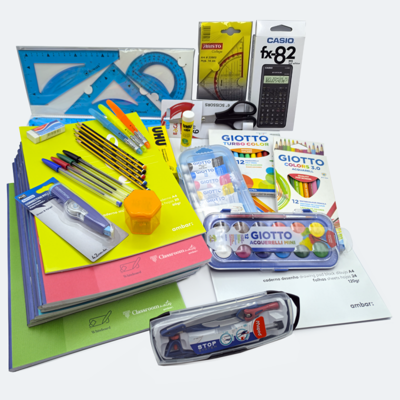 KIT ESCOLAR - 3º CICLO, Material Escolar, Caderno Agrafado, Canetas, Maped, Ambar, Capa plástica, Lápis, Caneta BIC, UHU, Giotto