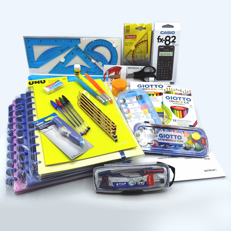 3º Ciclo, Material Escolar, Caderno de Discos, Inteligente, Canetas, Ambar, Capa plástica, Lápis, Caneta BIC, UHU, Giotto