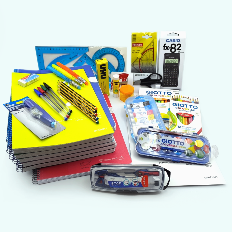 KIT ESCOLAR - 3º CICLO, Material Escolar, Caderno Argolas, Canetas, Maped, Ambar, Capa plástica, Lápis, Caneta BIC, UHU, Giotto