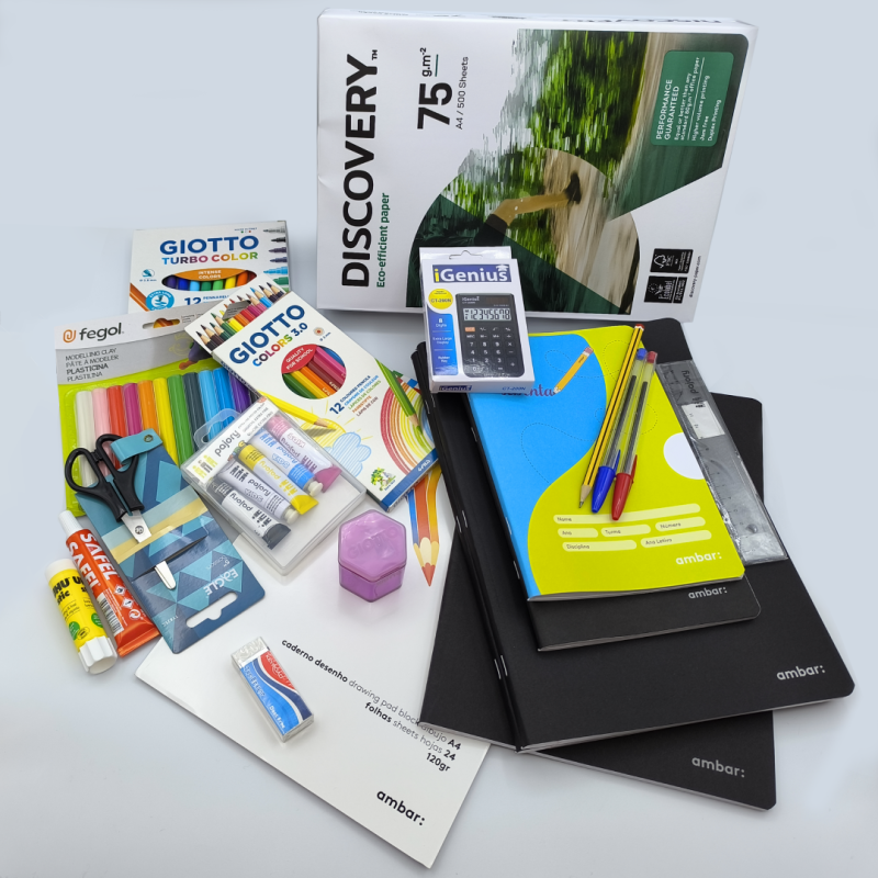 KIT ESCOLAR - 1º CICLO, Material Escolar, Caderno, Canetas, Maped, Ambar, Capa Preta, Lápis, Aguarelas, Caneta BIC, UHU, Giotto