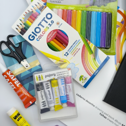 KIT ESCOLAR - 1º CICLO, Material Escolar, Caderno, Canetas, Maped, Ambar, Capa Preta, Lápis, Aguarelas, Caneta BIC, UHU, Giotto