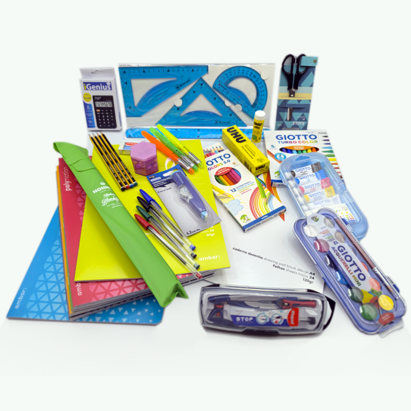 KIT ESCOLAR - 2º CICLO, Material Escolar, Caderno, Canetas, Maped, Ambar, Capa Preta, Lápis, Aguarelas, Caneta BIC, UHU, Giotto