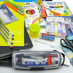 KIT ESCOLAR - 2º CICLO, Material Escolar, Caderno, Canetas, Maped, Ambar, Capa Preta, Lápis, Aguarelas, Caneta BIC, UHU, Giotto