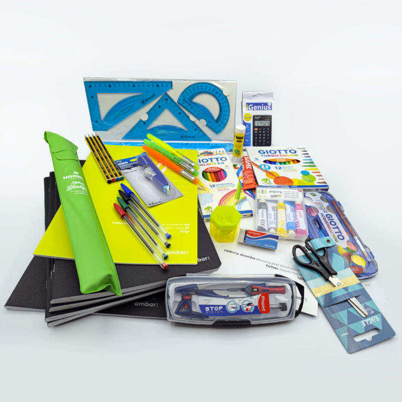 KIT ESCOLAR - 2º CICLO, Material Escolar, Caderno, Canetas, Maped, Ambar, Capa Preta, Lápis, Aguarelas, Caneta BIC, UHU, Giotto