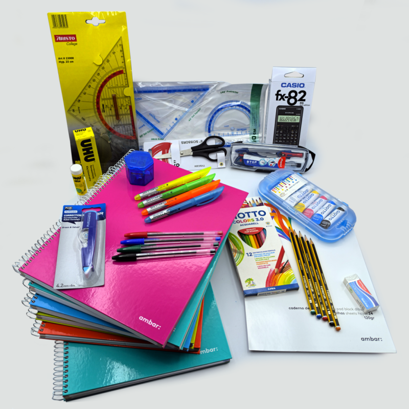 KIT ESCOLAR, Material Escolar, Caderno, Canetas, Maped, Ambar, Capa Preta, Lápis, Aguarelas, Caneta BIC, UHU, Giotto, Argolas