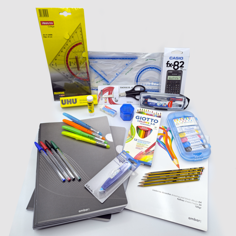 KIT ESCOLAR, Material Escolar, Caderno Capa Plástica, Canetas, Ambar, Capa Preta, Lápis, Caneta BIC, UHU, Giotto