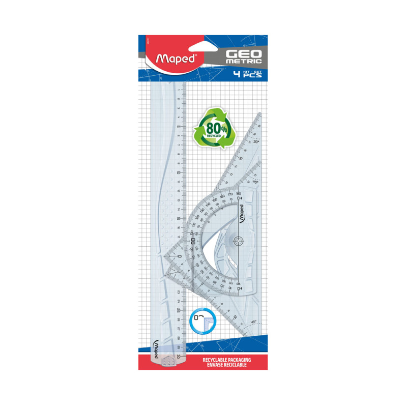 Conjunto de réguas, esquadro, transferidor, geometrico, maped, 4 peças, material escolar