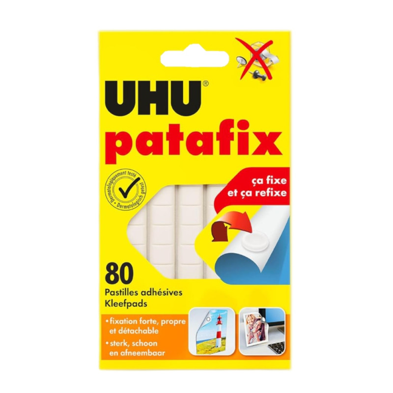 Patafix, UHU, bostik, pasta de fixar, cola dupla face, pastilhas adesivas, afixar sem furar