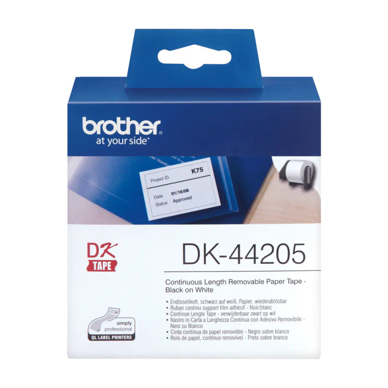 Etiquetas térmicas, brother, DK-44205, 62mmx30,48m, etiquetas brancas, texto preto, contínua e removível