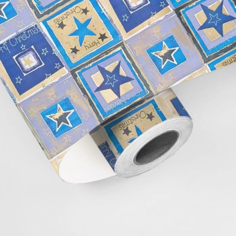 Rolo, Bobine, Papel de Embrulho, Natal, Estrelas, Azul e Dourado, 62cmx200mts, 7kg, papel fantasia, papel kraft