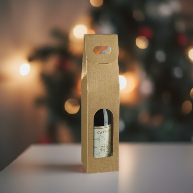 caixa para 1 garrafa, embalagaem prenda para garrafa, dourada, premium, presente, cabaz, vertical, com janela